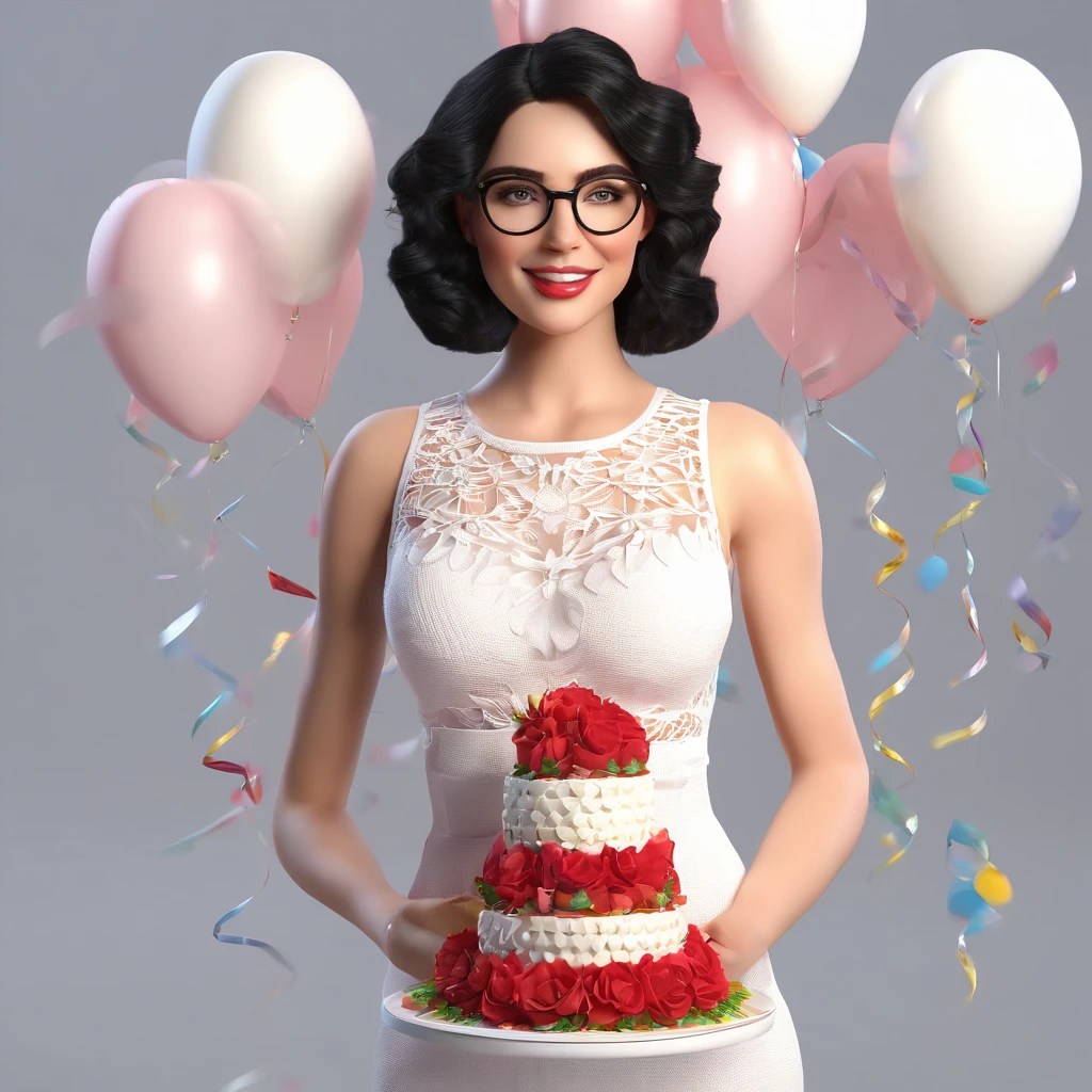 3 D combination of a beautiful white woman with round transparent glasses short black wavy hair with a white crochet dress that is small in the front and long in the back with makeup heel sandals and the same makeup with a beautiful birthday cake in her hands and candles 41 balloons and roses scene. 