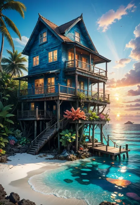 blue coast, "stunning photo realistic  image of a small cozy beach house on a small uncharted paradise island surrounded by clea...