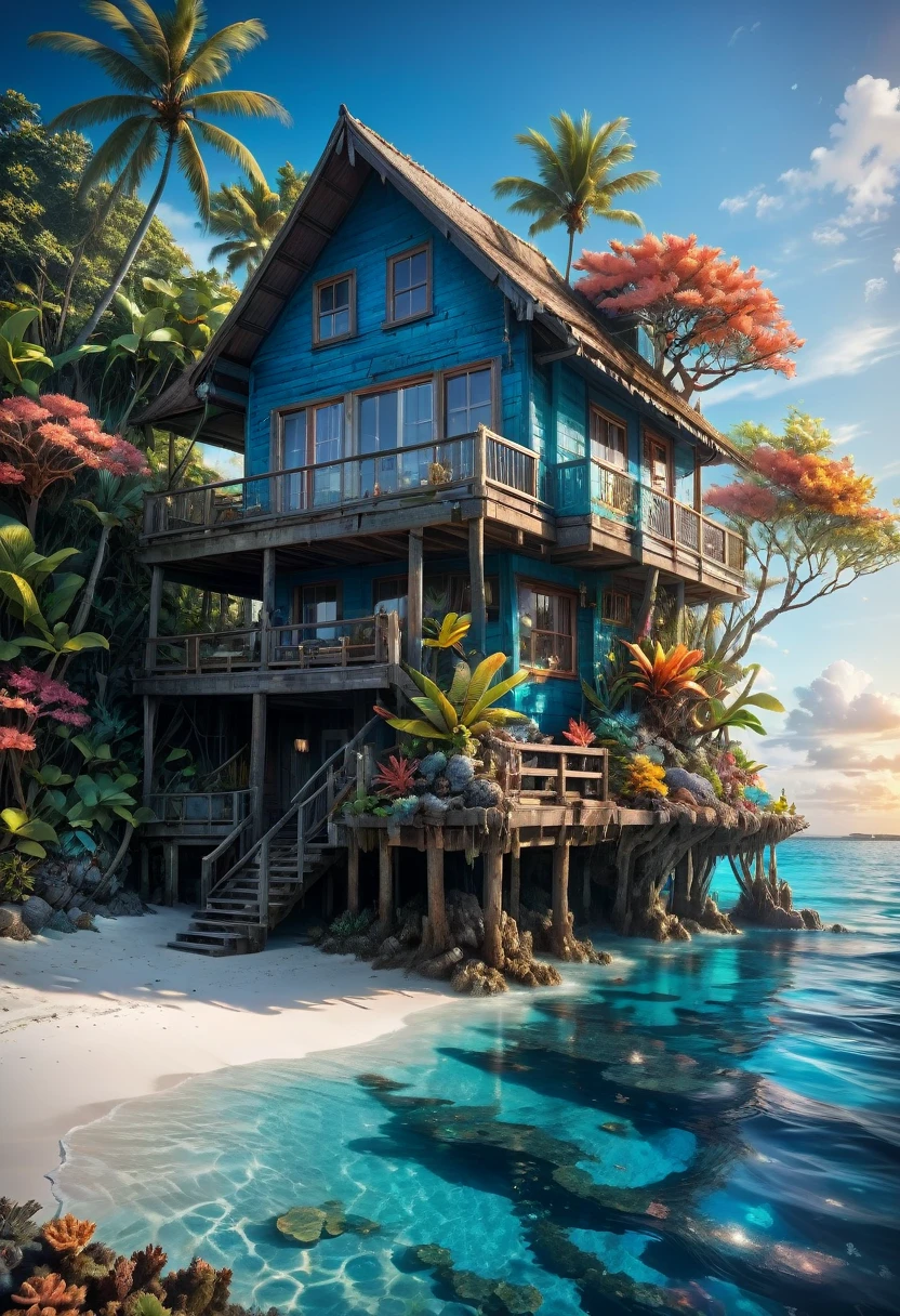 蓝色海岸, "令人惊叹的逼真照片，描绘了一座小型的舒适海滨别墅，坐落在一座未知的天堂小岛上，周围环绕着清澈的海水，水下有色彩斑斓的珊瑚礁!" 作者：Awwchang 和 James_Christensen、CGSociety 和 Carne_格里菲思, 极端主义者detailed, 错综复杂, 极端主义者, 极端主义者_质量, 8千 , 美丽的_作品, 日落 , 鲜艳的色彩