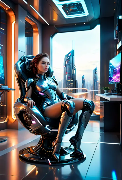(high quality, ultra-detailed, photorealistic), (office interior, skyscraper:1.2, big city). A female cyborg sitting leisurely i...