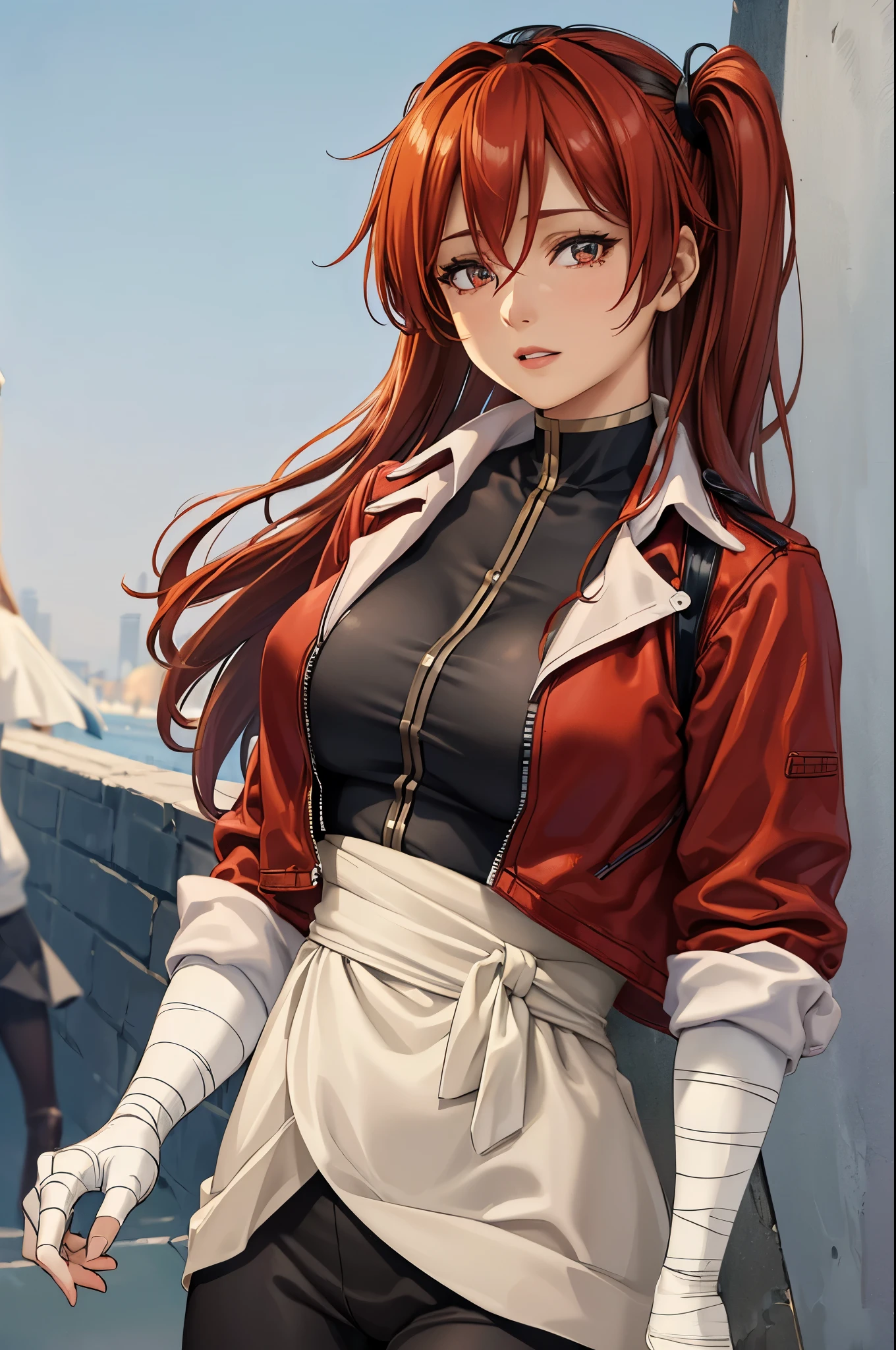 (masterpiece, best quality:1.2), expressive eyes, perfect face, highres, 1girl, solo, (female:1.5), StarkFrieren, red jacket, black shirt, white sash, black pants, bandages, gloves, standing, upper body, looking at the viewer