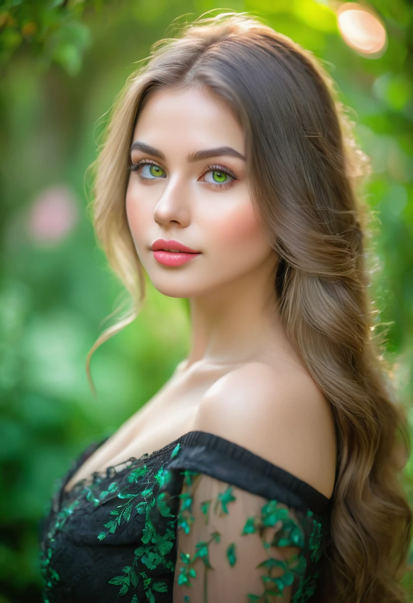 Best quality,high resolution,Ultra-detailed,(Realistic:1.37),(portrait:1.1),(photography:1.1),Vivid colors,soft lighting,beautiful detailed eyes,beautiful detailed lips,(long hair:1.1),(natural beauty:1.1),graceful pose,(black dress:1.1),rosy cheeks,green garden background,subtle bokeh,serene ambience