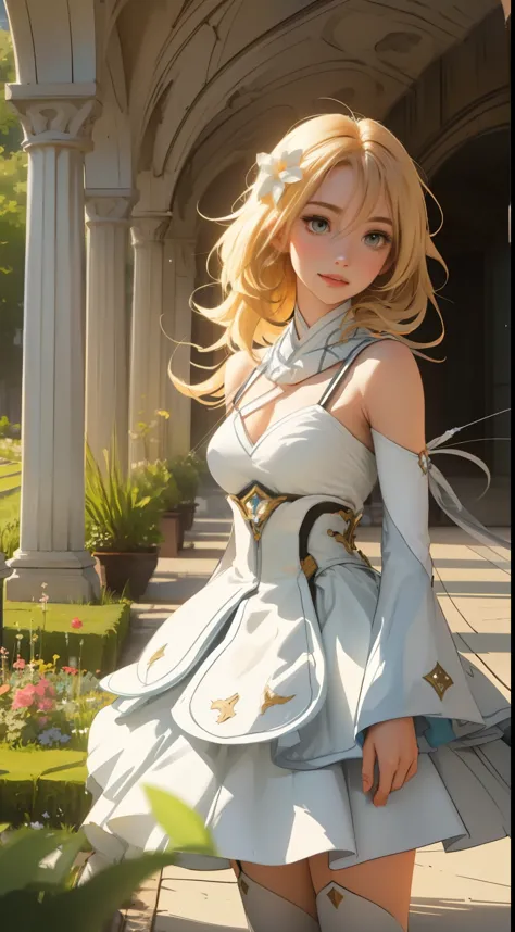 A girl with long, silvery hair wearing a blue and white outfit, holding a glowing bow and arrow, standing in a vibrant garden fi...