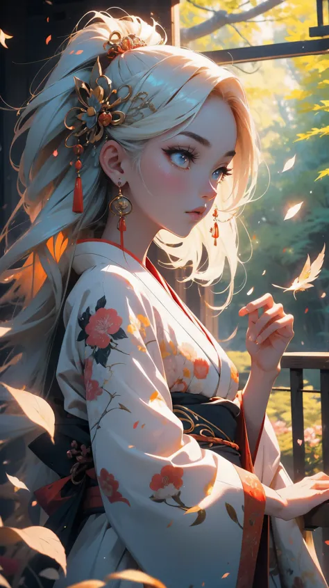 A girl with a beautiful face, expressive eyes, and full lips, representing the mythical creature known as the nine-tailed fox in...