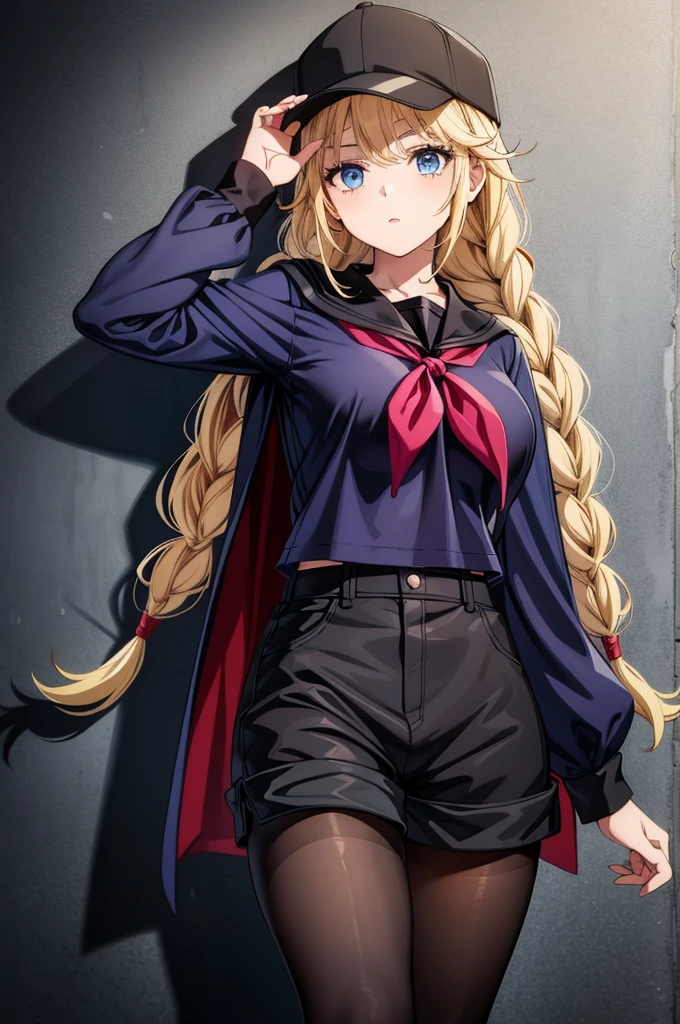 a young girl next to a wall with a hat and a cape, 1girl, solo, blonde hair, long hair, hat, blue eyes, twin braids, pantyhose, shorts, braid, black shorts, breasts, looking at viewer, long sleeves, baseball cap, shirt, black headwear, neckerchief, large breasts, sailor collar, black pantyhose