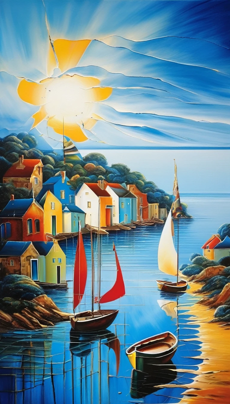 cubism painting, blue coast, coast, yachts, boat, sun, tides, clouds, tropical blue coast