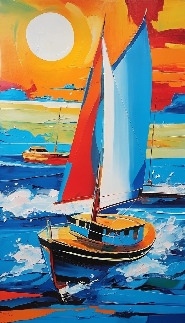 cubism painting, blue coast, coast, yachts, boat, sun, tides, clouds, tropical blue coast