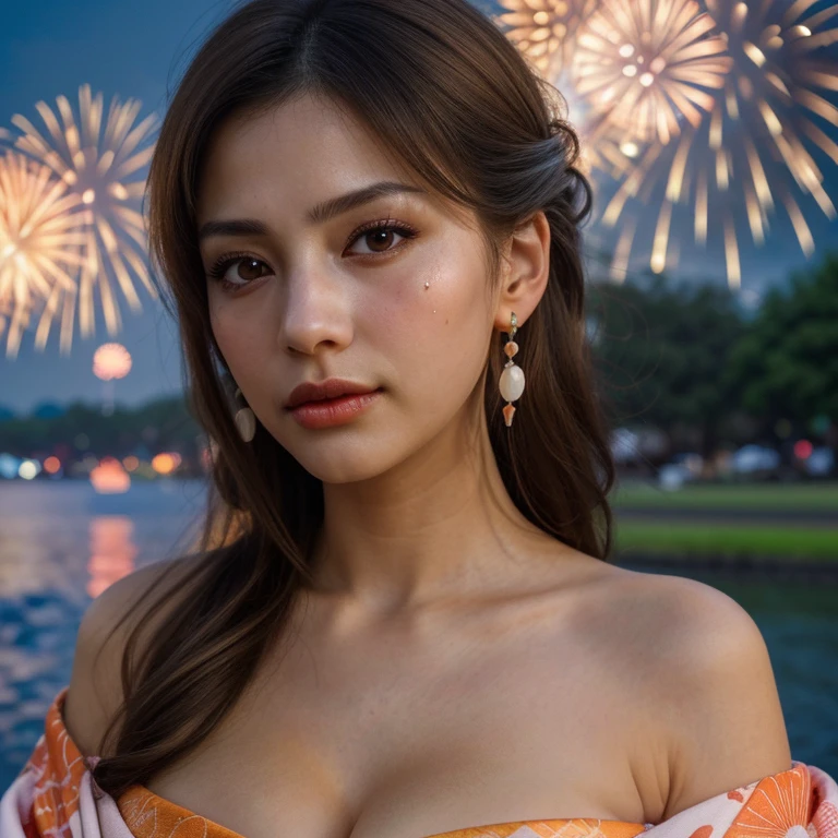 Best quality, masterpiece, high resolution, 1 girl, realism, (high detail skin: 1.2), 8k UHD, DSLR, soft light, high quality, volumetric lighting, photo, high resolution 4K, 8K, blurred background, fireworks in the sky, night, (facing front), beautiful collarbone, kimono, off shoulder kimono, asian, brown hair, tied up hair, black eyes, perfect eyes, double eyelids, simple earrings, seductive face, (very large breasts), (hands down), ((SFW))