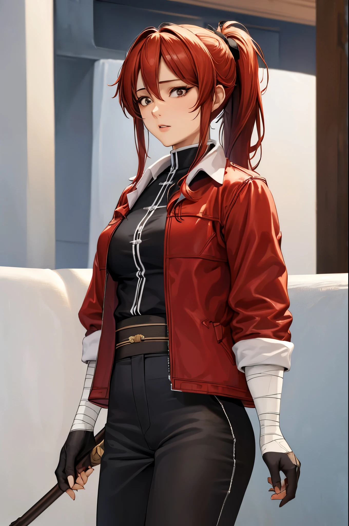 (masterpiece, best quality:1.2), expressive eyes, perfect face, highres, 1girl, solo, (female:1.5), StarkFrieren, red jacket, black shirt, long hair, ponytail, white sash, black pants, bandages, gloves, standing, cowboy shot, looking at the viewer
