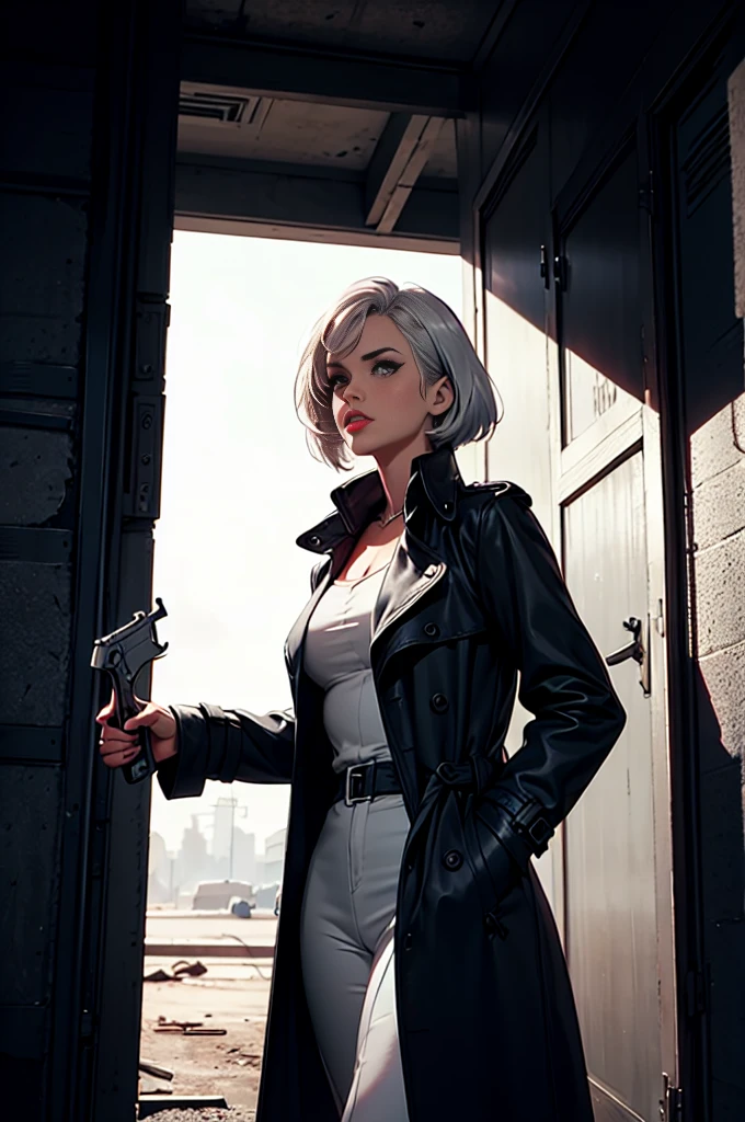 imagined a cartoon sexy silver hair detective woman in a trench coat holding a revolver in 1950 black and white thriller movie, 50's, retro, spy movie , fallout 