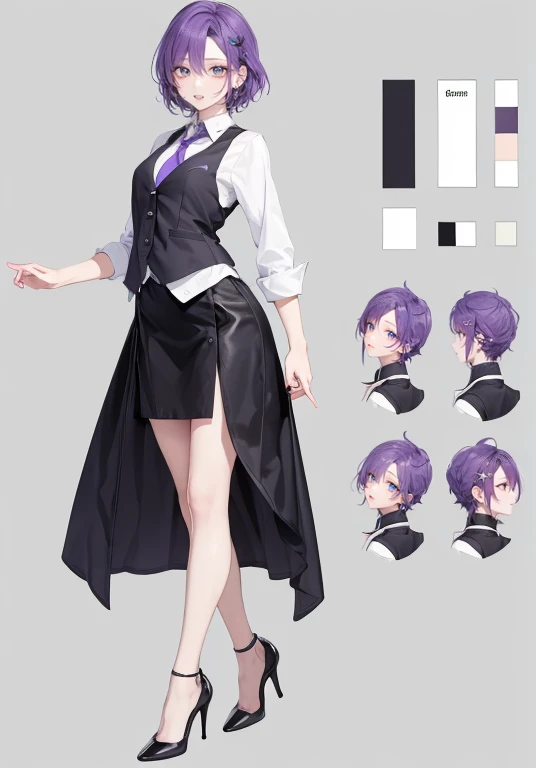 ((Perfect Face)),Purple Hair,Short Hair,1 female,bartender,,Black vest,tie,Shirt with rolled up sleeves,skirt,slit,High heels,,((Simple light color background)),((smile)),((Full Body)),((full body)),Character portrait,Character sheet,upright,Standing upright and looking straight ahead,
