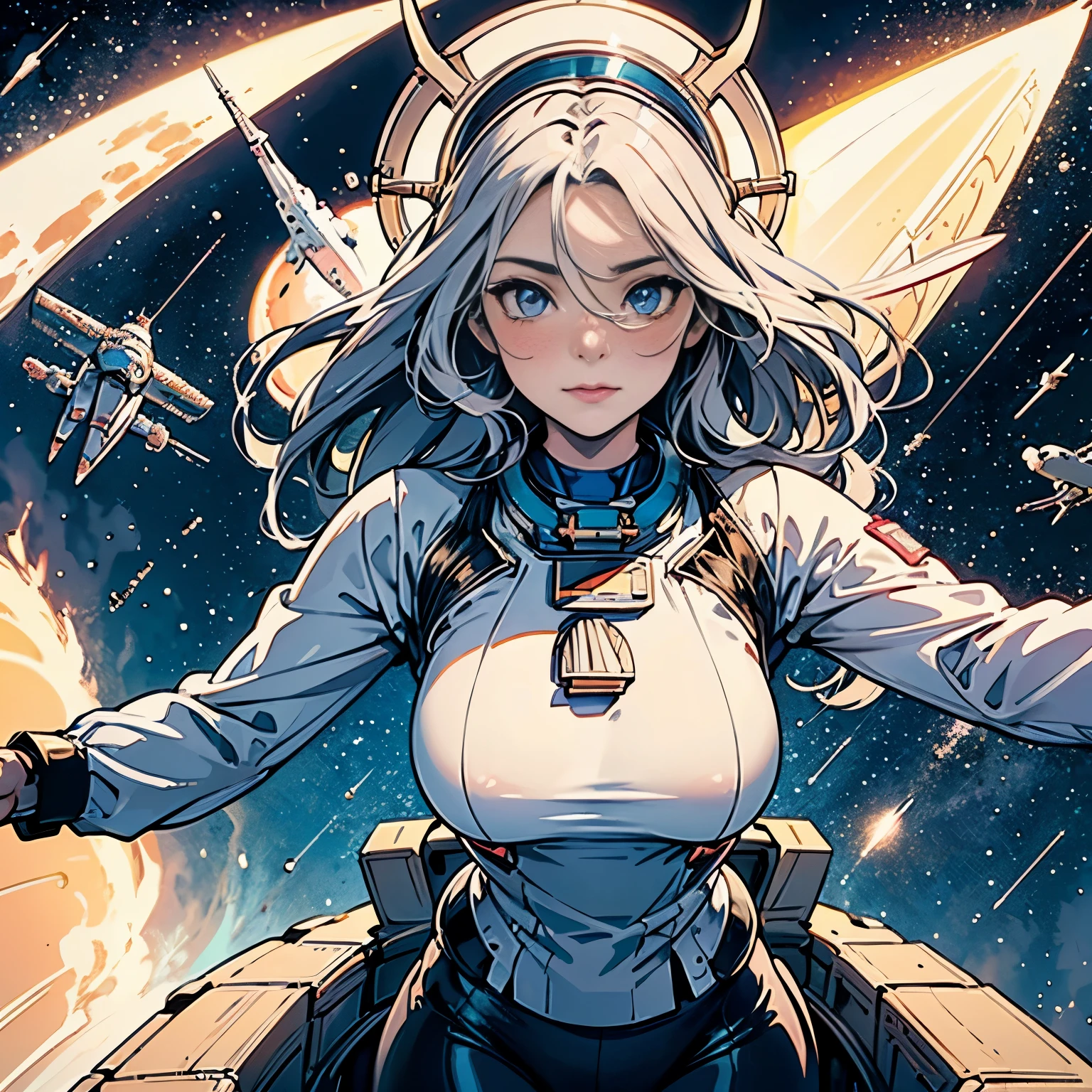 Astronaut, best quality: 1.1, 1 girl, (blue eyes), detailed blue eyes, well-aligned eyes, extremely detailed face, blushing cheeks, perfect face symmetry, smiling, embarrassed, (astronaut suit), BREAK intricate details on hands, intricate details on fingers, (very huge) breasts, silver hair, detailed hair, long hair, defined figure, (thick muscular legs), (small defined waist), (very much voluptuous body), (very much muscular body), lascivious woman, (nymphomaniac woman), dynamic pose, Interacting, (whole body perspective), ((spaceship background): 1.5)