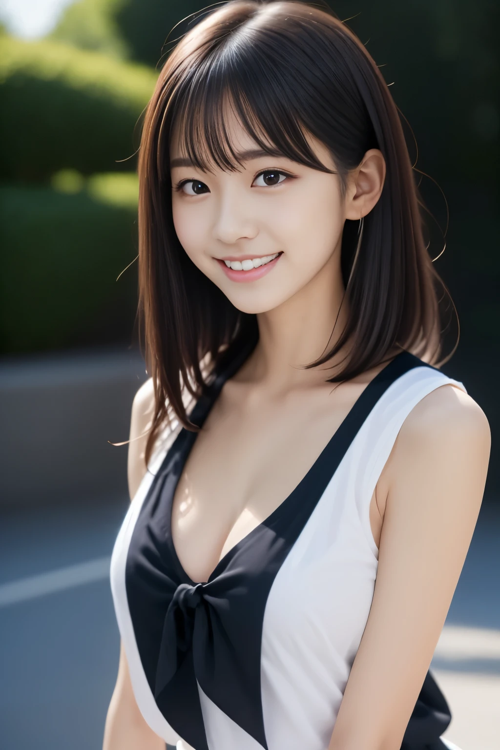 Close-up of a woman posing for a photo,  The most beautiful Japanese models, 18 year old female model,  4K、bangs、Black-haired, Slightly longer bob hair, Middle Hair, Straight hair、(White sleeveless blouse,one piece:1.2),　(Super cute idol-like face:1.4), whole body, Slim and beautiful figure, sexy, Beautiful breasts, Laughter, (RAW Photos, highest quality, masterpiece, Super detailed, Ultra-high resolution, Realistic), 