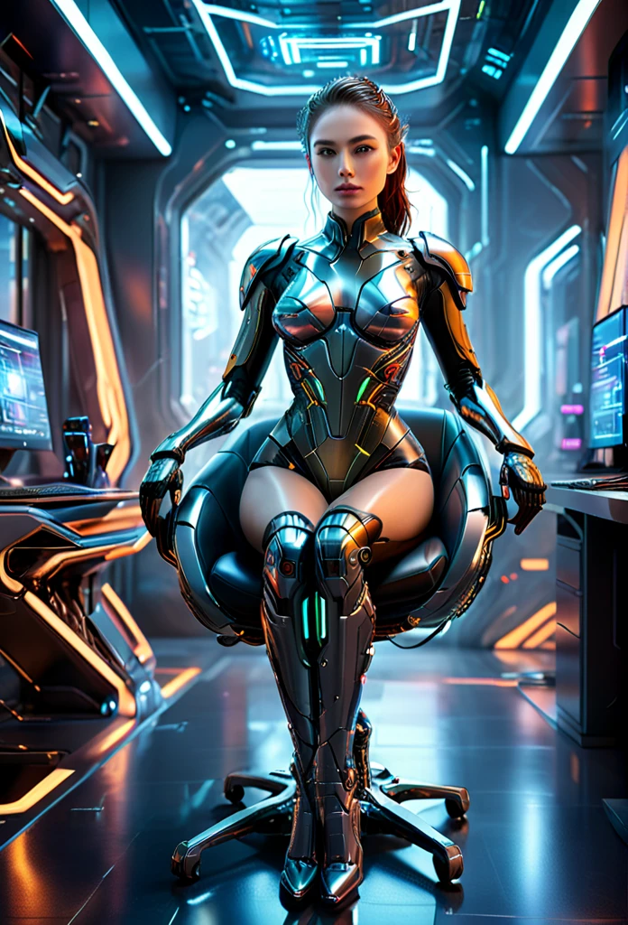 (high quality, ultra-detailed, photorealistic), (office interior, skyscraper:1.2, big city). A female cyborg sitting leisurely in a luxurious chair, with her feet up, interacting with the futuristic environment around her. She exudes elegance and sophistication. The chair features exquisite design and intricate parts showcasing fine craftsmanship. The cyborg's body is half-human and half-machine, with meticulously detailed trimmings accentuating her slender form. The office is magnificently designed with sleek and modern architecture. The scene is bathed in HDR lighting with vibrant and vivid colors, creating a breathtaking visual appeal. The cyborg's body is rendered with hyper-realistic detail, including natural skin textures and soft lighting to enhance the atmosphere. This artwork captures the fusion of technology, beauty, and complexity, resulting in a masterpiece that immerses the viewer in a futuristic yet familiar world.