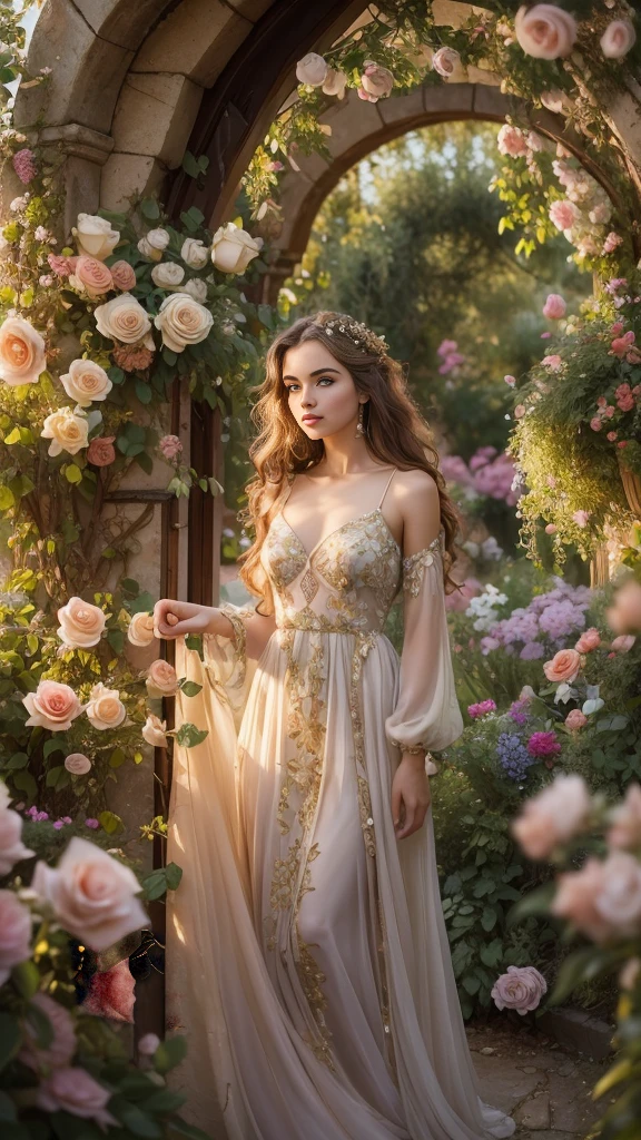 (photograph of a detailed beautiful 18-year old woman with ((facial and body characteristics that is similar to eleonora pavinato))), (), ((Enchanted Garden Romance: Theme: Lost in a fairytale garden of love. Clothing: Ethereal and flowy dresses, floral accents. Scene: Lush garden settings, blooming flower arches, or hidden gazebos. Props: Bouquets of flowers, romantic novels, or love letters. Location: Botanical gardens, rose gardens, or private estates. Weather/Lighting: Soft, natural lighting with a hint of golden hour glow.)), (), (), finely detailed, ultra-realistic features of her pale skin and (slender and athletic body), and (symmetrical, realistic and beautiful face), candid, (), (), (()), (), film stock photograph, rich colors, hyper realistic, lifelike texture, dramatic lighting, strong contrast
