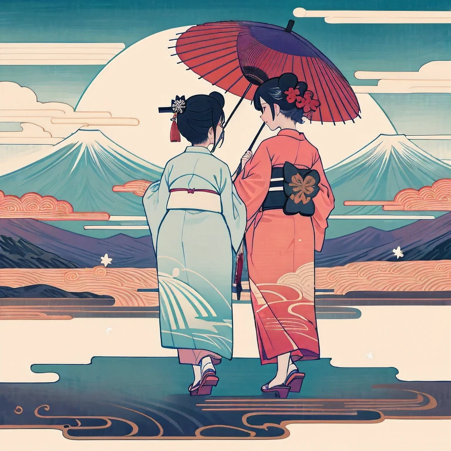 來自京都的舞妓, 兩個人, 穿著和服, 兩個人並んで立って歩いている, 兩個人, 均為女性, 臉被洗白了, 後視圖, 查看 1, 全身角度, 穿著木屐, 打著日本傘散步, 紫色和白色的和服＆穿着红白相间的和服, 背景是巨大的富士山., 閃閃發光、夢幻般的氛圍