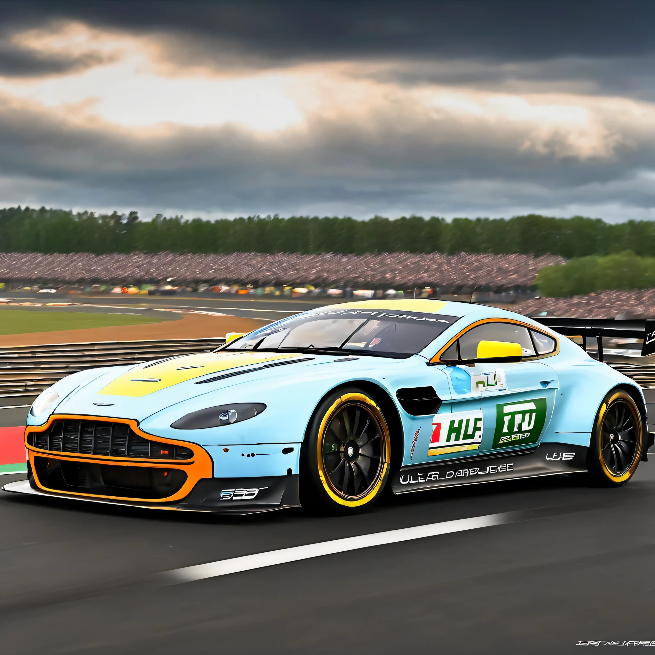 masterpiece, best quality, aston martin v8 vantage amr gte, le mans race track, in motion, full specular sharpened 3D, HDR, UHD, vivid colors, occlusion, masterpiece, panorama, super detail, accurate, best quality, 16K, ultra-super quality, ultra-photo realistic detail, utltra-high nanite atmospheric lighting, ultra-high detailed reflections, very far shot, ultra-wide angle, 4D composite mapping, ultra-high 3D depth mapping quality, ultra-high render quality, OLED, dynamic rich shadows, ultra-high realistic graphics, HDR, (very far shot), ultra-high background detail, god rays, backlighting