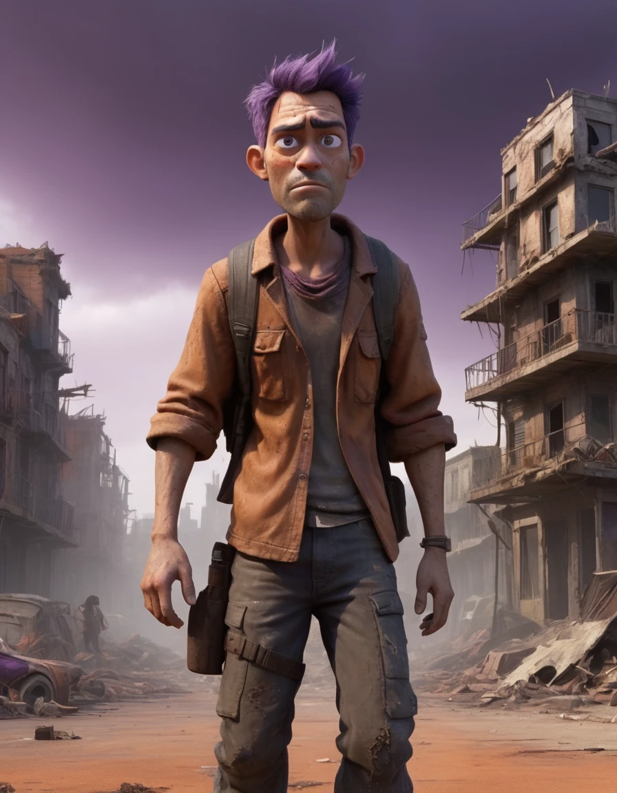 "Create a Disney Pixar-style 3D animation depicting a half-body portrait of a man navigating a post-apocalyptic world. He should be clad in dirty, ragged clothing, with a cloth concealing his mouth and nose. Behind him, portray ruins of buildings and houses, streets blanketed in sand, and destroyed vehicles, set against a dark sky with purple and orange hues. Ensure the background is heavily blurred to accentuate the character. The scene should exude a vivid and lived-in atmosphere, with warm color tones adding depth to the post-apocalyptic setting."