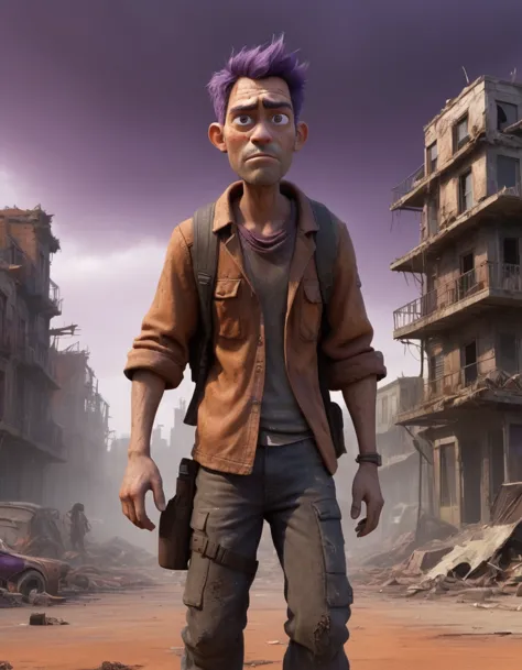 "Create a Disney Pixar-style 3D animation depicting a half-body portrait of a man navigating a post-apocalyptic world. He should...