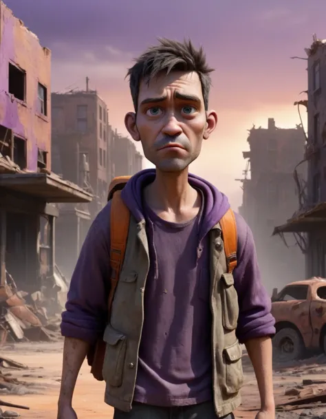 "Create a Disney Pixar-style 3D animation depicting a half-body portrait of a man navigating a post-apocalyptic world. He should...