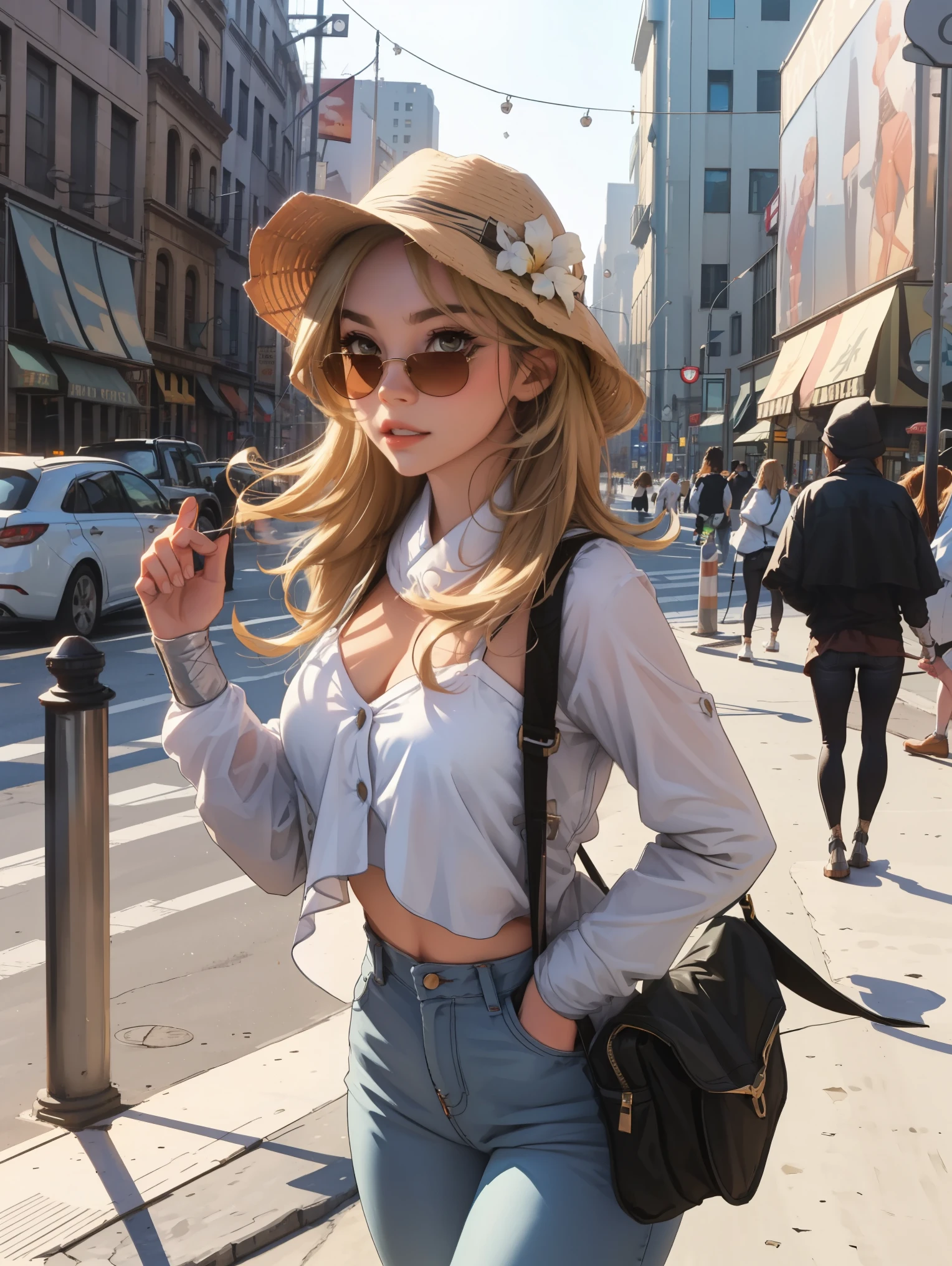 Lumine, vestido de jeans, chapéu tropical, óculos de sol transparentes, modelagem, atraente, alta definição, 8K, Altamente detalhado, Fundo da cidade (Cidade de Nova York)