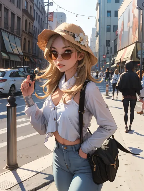 Lumine, dressed in jeans, tropical hat, clear sunglasses, modeling, attractive, HD, 8K, highly detailed, city background (New Yo...