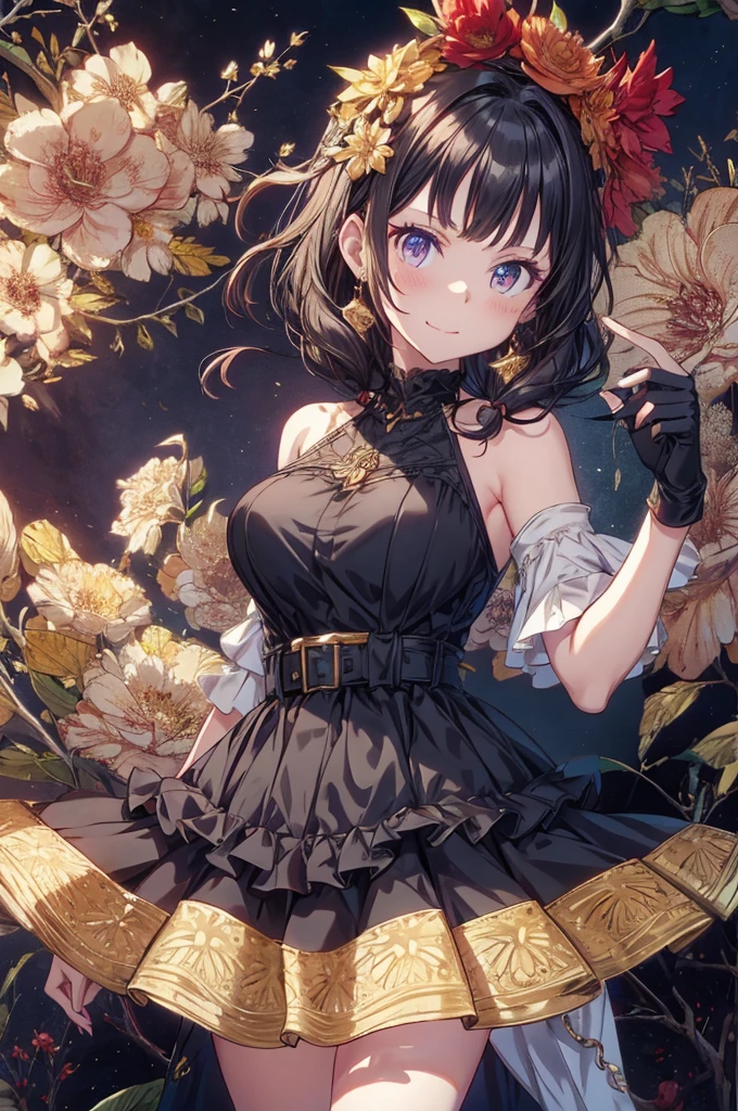 yor briar, anime style beutiful woman, 1girl,fullbody, happy, smile, red face, closed mouth, beautiful detailed eyes, super detailed skin, backlighting, bare shoulders, black background, black dress, black gloves, black hair, breasts, dress, earrings, fingerless gloves, floating hair, floral print, flower, gloves, gold earrings, gold hairband, hair flower, hair ornament, hairband, holding, holding weapon, jewelry, large breasts, long hair, looking at viewer, off-shoulder dress, off shoulder,red eyes, short hair with long locks, sidelocks, solo, spikes, thighs, two-sided dress, two-sided fabric, weapon, fighting stance , face, close up, from above, highest quality, high resolution.
