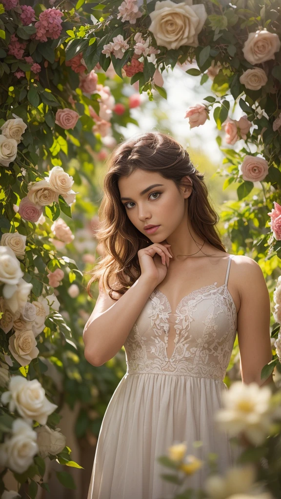 (photograph of a detailed beautiful 18-year old woman with ((facial and body characteristics that is similar to eleonora pavinato))), (), ((Enchanted Garden Romance: Theme: Lost in a fairytale garden of love. Clothing: Ethereal and flowy dresses, floral accents. Scene: Lush garden settings, blooming flower arches, or hidden gazebos. Props: Bouquets of flowers, romantic novels, or love letters. Location: Botanical gardens, rose gardens, or private estates. Weather/Lighting: Soft, natural lighting with a hint of golden hour glow.)), (), (), finely detailed, ultra-realistic features of her pale skin and (slender and athletic body), and (symmetrical, realistic and beautiful face), candid, (), (), (()), (), film stock photograph, rich colors, hyper realistic, lifelike texture, dramatic lighting, strong contrast
