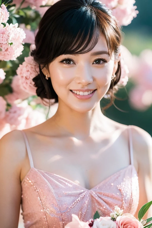 Medium View, Medium Shot, Written boundary depth, bust, Upper Body, Cinematic Angles, masterpiece, highest quality, Very detailed, cg, 8K Wallpaper, Beautiful Face, Delicate eyes, Otome, alone, smile, bangs, have,pink dot colored dresses, bow, petal, bouquet