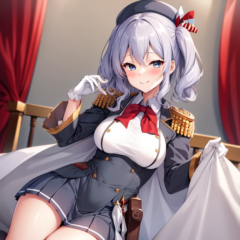 (masterpiece, best quality:1.2),Smirk,One hand touched his chest,illustration,8k,HD,1 Girl,Solitary,portrait,blush,Gray hair,blue eyes,curls,Double tail,Crane plum,Berets,Epaulettes,Ruffled sleeves,jacket,Large Breasts,Long sleeve,,mini skirt,Pleated Skirt,Red tie,White gloves,anchor,