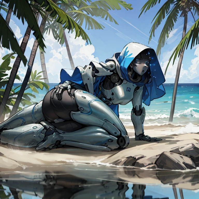 (best quality,highres),robot girl at the beach, large metal hips, wearing a hood with a cape, perched on a rock, near a palm tree, exposed mechanical thighs, butt, cool robotic mask, cyclops, shiny metallic surface, vibrant colors, warm sunlight, sparkling ocean waves, sandy beach, tropical atmosphere, strong and confident pose, futuristic technology, realistic details, intricate designs, beautiful reflection, serene environment