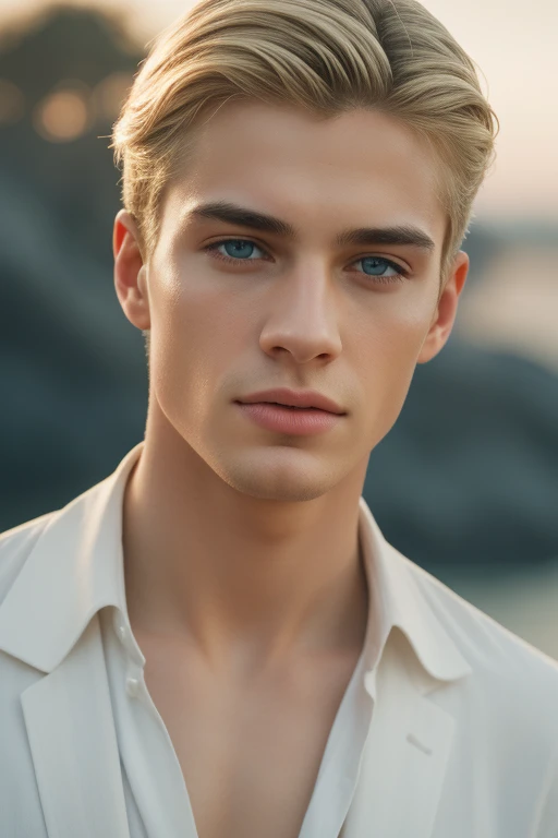 Portrait of a handsome young man, full body, beach, modeling, men's clothing, spring summer collection, white skin, extremely pale skin, blonde boy, european boy, blonde hair, (8k, RAW photo, best quality, masterpiece:1.2), (realistic, photo-realistic:1.37), ultra-detailed, (high detailed skin:1.2), 8k uhd, dslr, soft lighting, high quality, film grain, Fujifilm XT3, professional lighting, handsome 1man , (thin lips:1.3), masterpiece, pale skin,(strong jaw:1), handsome supermodel, Greek profile, young greek god, sublime beauty, delicate facial features, beautiful facial features, Greek face, strong jaw, attractive boy, , cinematographic, best quality, sharpness, focus on the boy, anatomical perfection, golden ratio, commercial, perfect symmetry, facial symmetry, body symmetry, cinematographic light, ultra detailed, cinematographic portrait, cinematographic quality, Award winning (portrait photo:1. 4), high quality, hyper realistic, 4k, realistic, backlighting, (shallow depth of field:1. 5), by lee jeffries nikon d850 film stock photograph 4 kodak portra 400 camera f1. 6 lens rich colors hyper realistic lifelike texture dramatic lighting unreal engine trending on artstation cinestill 800 (vignette:1. 3), filmgrain, artistic photography, perfect composition, beautiful detailed, cinematic perfect light, focus outfit, focus clothes, focus boy