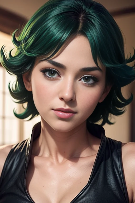 score_9, score_8_up, score_7_up, score_6_up, score_5_up, 1girl, Tatsumaki, Game of Thrones, tight black dress, cleavage, green hair, brown eyes, (insanely detailed, beautiful detailed face, masterpiece, best quality) 