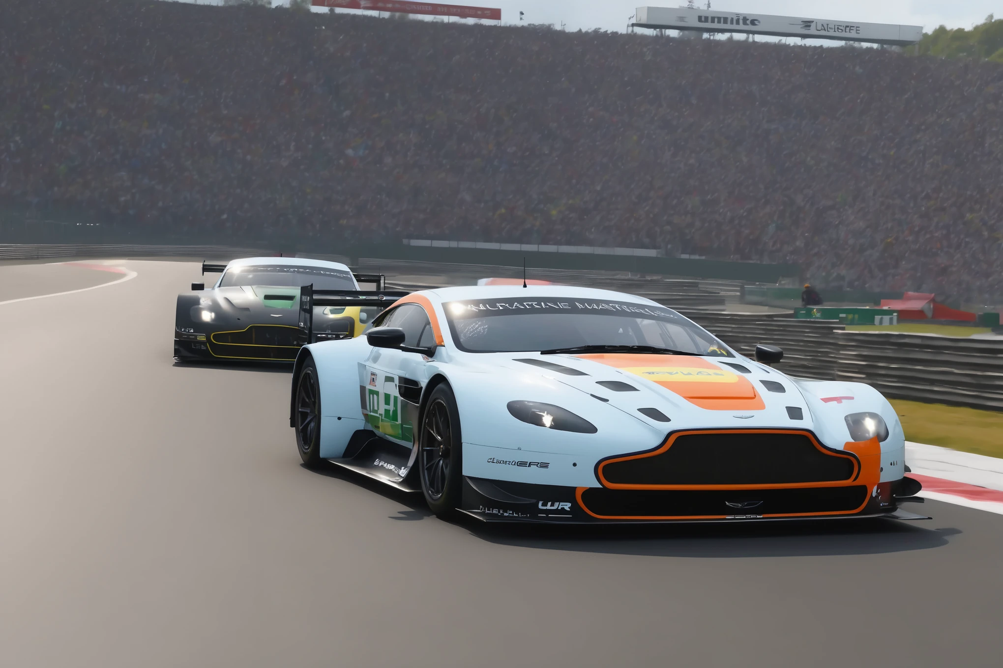 masterpiece, best quality, aston martin v8 vantage amr gte, le mans race track, in motion, full specular sharpened 3D, HDR, UHD, vivid colors, occlusion, masterpiece, panorama, super detail, accurate, best quality, 16K, ultra-super quality, ultra-photo realistic detail, utltra-high nanite atmospheric lighting, ultra-high detailed reflections, very far shot, ultra-wide angle, 4D composite mapping, ultra-high 3D depth mapping quality, ultra-high render quality, OLED, dynamic rich shadows, ultra-high realistic graphics, HDR, (very far shot), ultra-high background detail, god rays, backlighting