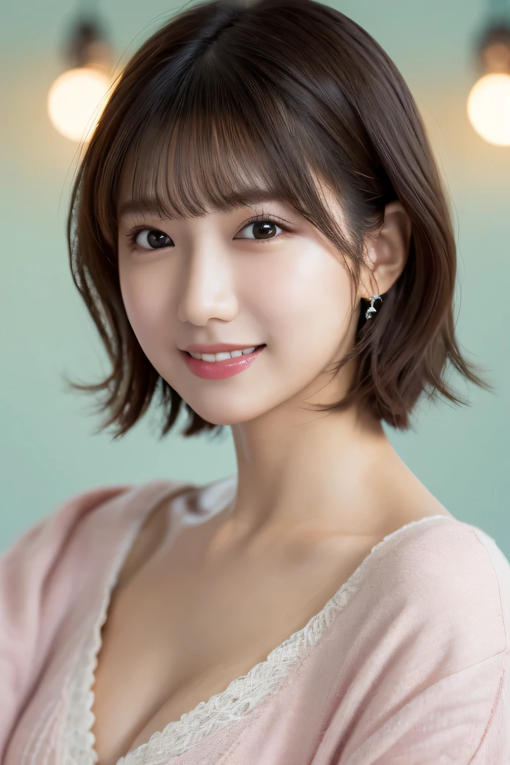 One girl, (Wearing casual pastel colored outfits:1.2), (Beautiful Japanese idol portrait photos),
(Simple background in light colors:1.3),
(RAW Photos, highest quality), (Realistic, photo-Realistic:1.4), masterpiece, 8K Portrait,
Very delicate and beautiful, Very detailed, 2k wallpaper, wonderful, In detail, Very detailed CG unity 8k wallpaper, 
Very detailedな, High resolution, 
Soft Light, Beautiful detailed girl, Very detailed eyes and face, Beautifully detailed nose, Beautiful fine details,
Cinema Lighting, Perfect Anatomy, 
Slender body, Flat Chest, Semi-short hair, Parted bangs, Bokeh, Dynamic Angle, A light smile,