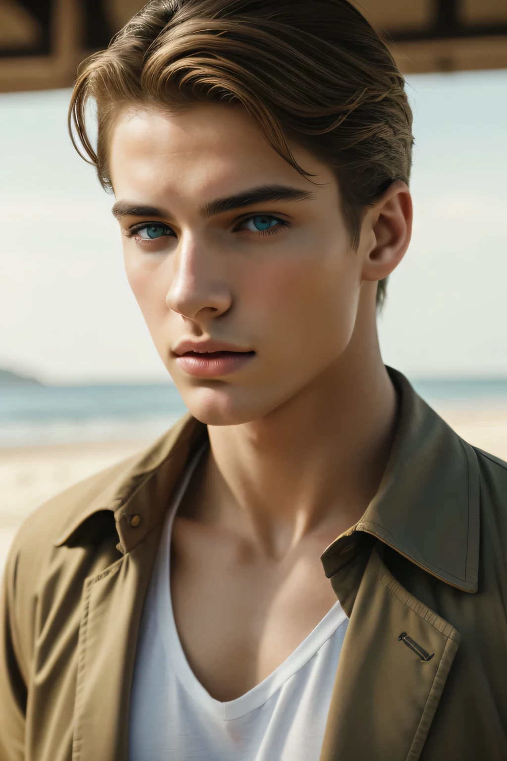 Retrato de um jovem bonito, corpo todo, praia, modelagem, Roupa para Homem, coleção primavera verão, Pele branca, extremely pele pálida, menino loiro, menino europeu, cabelo loiro, (8K, Foto CRU, melhor qualidade, Obra de arte:1.2), (realista, photo-realista:1.37), ultra-detalhado, (pele altamente detalhada:1.2), 8K uhd, dslr, iluminação suave, alta qualidade, Grão de filme, Fujifilm XT3, Iluminação Profissional, lindo 1 homem , (labios finos:1.3), Obra de arte, pele pálida,(Mandíbula forte:1), supermodelo bonita, Perfil grego, jovem deus grego, beleza sublime, Características faciais delicadas, belos traços faciais, Rosto grego, Mandíbula forte, garoto atraente, , cinematográfico, melhor qualidade, nitidez, concentre-se no menino, perfeição anatômica, proporção áurea, comercial, simetria perfeita, simetria facial, simetria corporal, cinematográfico light, ultra detalhado, cinematográfico portrait, cinematográfico quality, premiado (foto de retrato:1. 4), alta qualidade, hyper realista, 4K, realista, retroiluminação, (Profundidade superficial de campo:1. 5), por Lee Jeffries Nikon D850 filme banco de imagens 4 Kodak Portra 400 câmera f1. 6 lens rich colors hyper realista lifelike texture dramatic lighting unreal engine trending on artstation cinestill 800 (vinheta:1. 3), grão de filme, fotografia artística, composição perfeita, Linda detalhada, luz perfeita cinematográfica, roupa de foco, roupas de foco, foco garoto