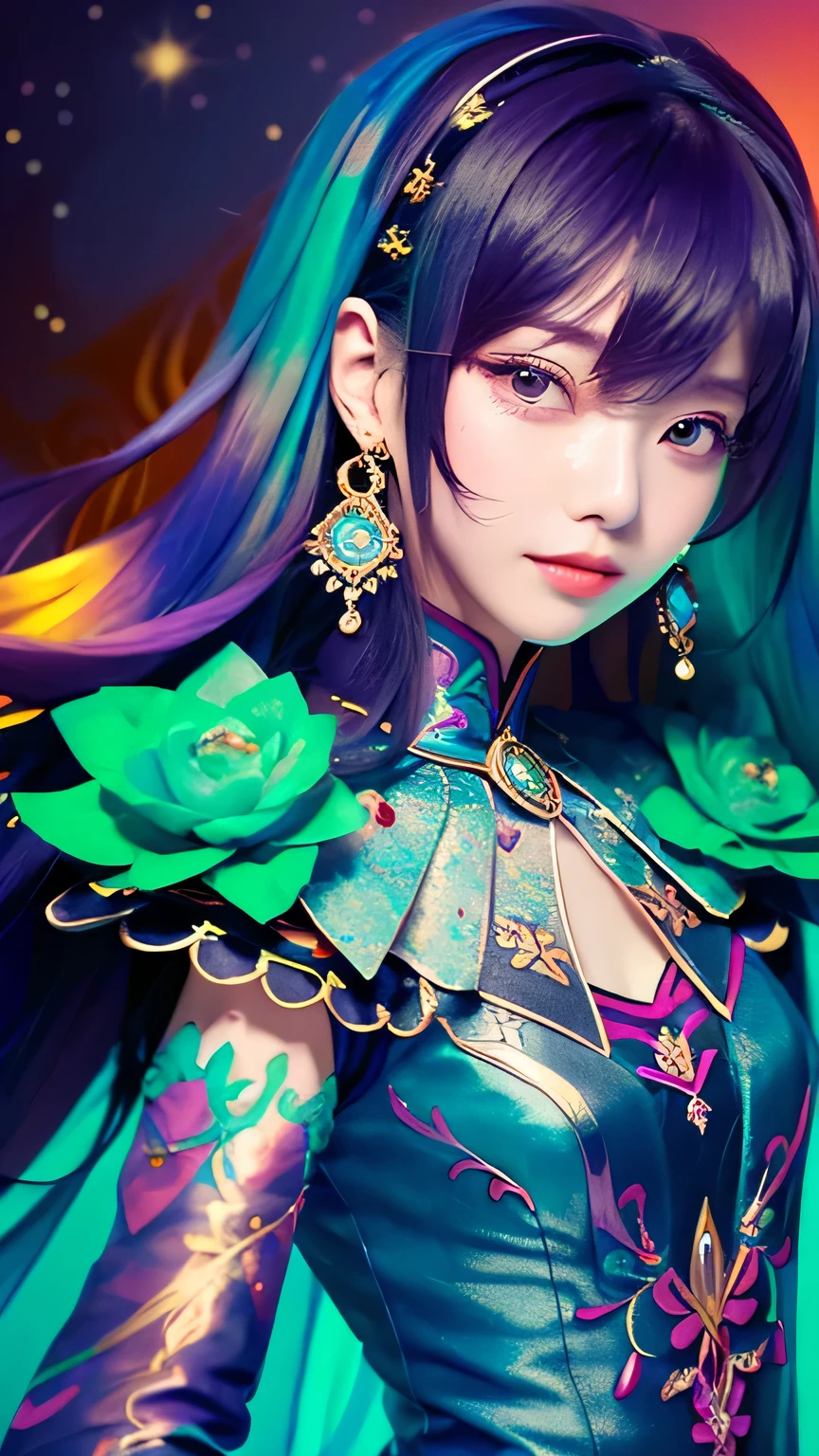 ((Real Image)),((masterpiece,highest quality,Very detailed,Ultra-high resolution,Detailed Background)),(((Abstract background))),(One girl),((colorful)),Flowers,(Shiny skin),((Many colors)),(Earrings),feather、Take off your clothes、Purple bra、human、