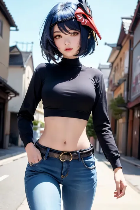 1girl, (long sleeved top, long jeans, iron belt, boots), ((midriff, navel)), town road, walking, hands in pocket, looking at vie...