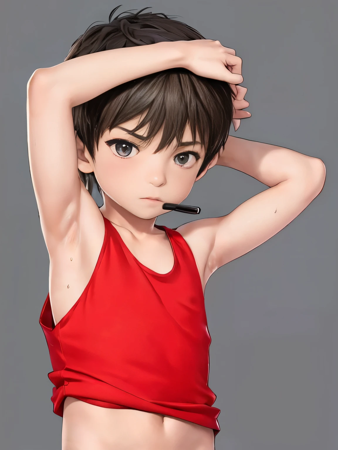 Highres, Masterpiece, Best quality at best,Best Quality,hight quality, hight detailed, 1boy, Shota, Red tank top, Wearing headset, Tank top, (Smooth armpit), (very young boy), (very small and short body), 12-year-old boys, (Showing armpit:1.3), Simple beckground, Little sweat