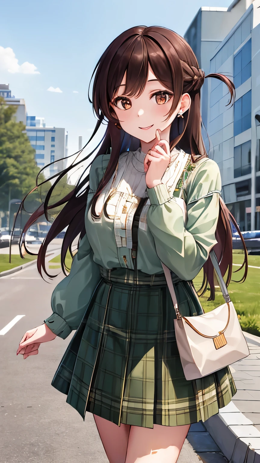 masterpiece, best quality, highres, chi1, 1girl, long hair, braid, one side up, solo, high neck plain white blouse, green plaid skirt knee length, bangs, outdoors, smile, earrings, holding a bag