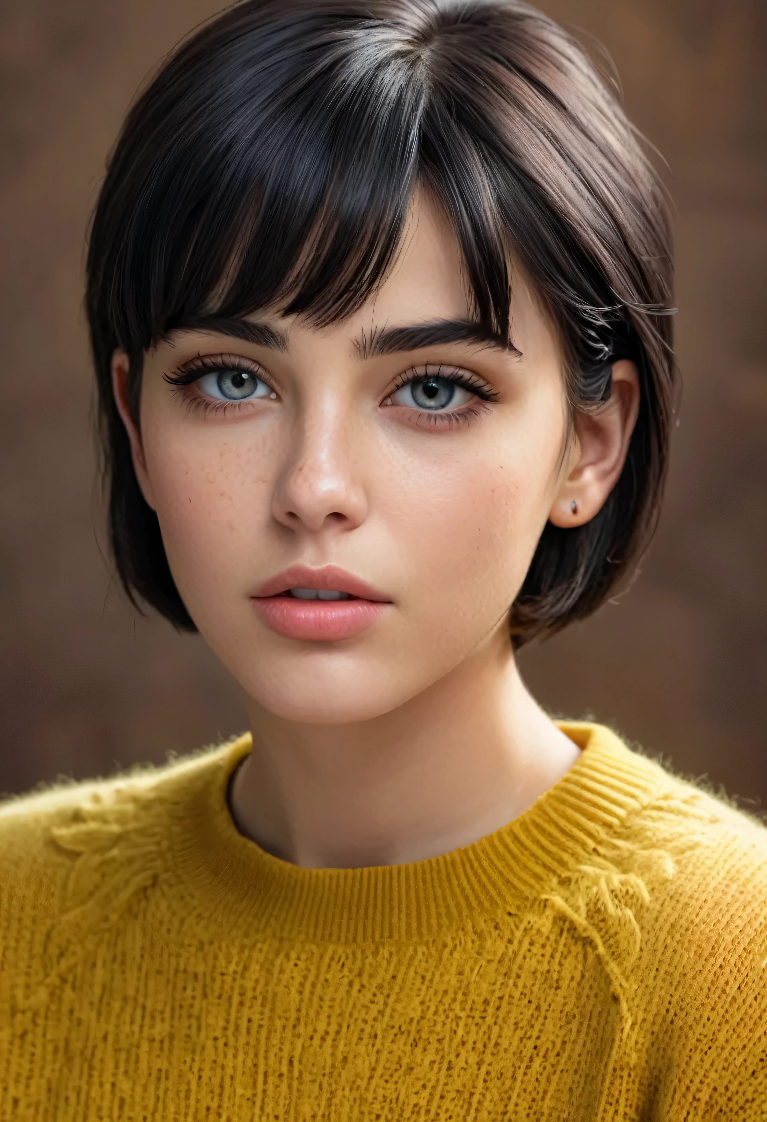 (masterpiece:1.3), (8K, photorealistic, raw photo, Best quality: 1.4), (1 girl), Beautiful face, (realistic face), (black hair, short hair:1.3), Pretty haircut, realistic eyes, Beautiful detailed eyes, (realistic skin), beautiful skin, (Sweater), absurdity, attractive, ultra high resolution, ultra realistic, very detailed, golden ratio