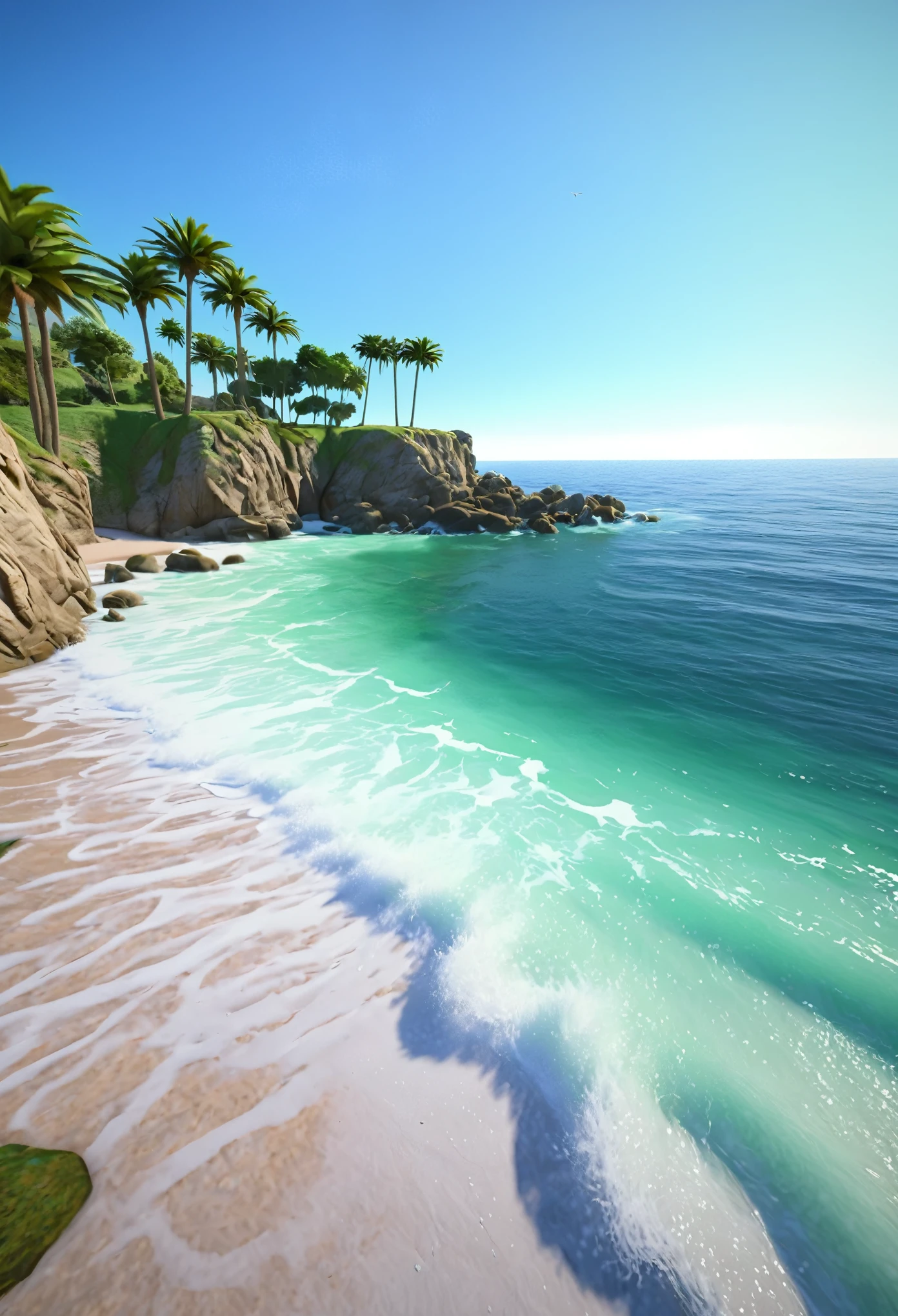 best quality,4k,8k,highres,masterpiece:1.2,ultra-detailed,realistic,photorealistic,landscape,blue coast,ocean waves,rocky cliffs,seagulls,calm and serene atmosphere,sunlight reflecting on the water,soft sandy beach,gentle breeze,peaceful and tranquil,turquoise water,green palm trees,cloudless sky,smooth brushwork,color harmony,subtle color variations,natural lighting,gentle waves lapping at the shore,beautiful coastline,secluded cove,splashing foam,clear horizon,vivid colors,realistic textures,harmonious composition,soft hues,serene ambiance,impressionistic style,relaxing and soothing,coastal escape,fine art,ethereal setting