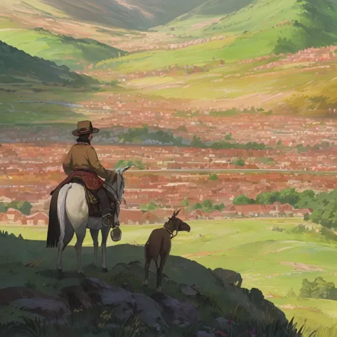 Desde lejos se ve iluminada una aldea nativa y un hombre la mira montado sobre su caballo