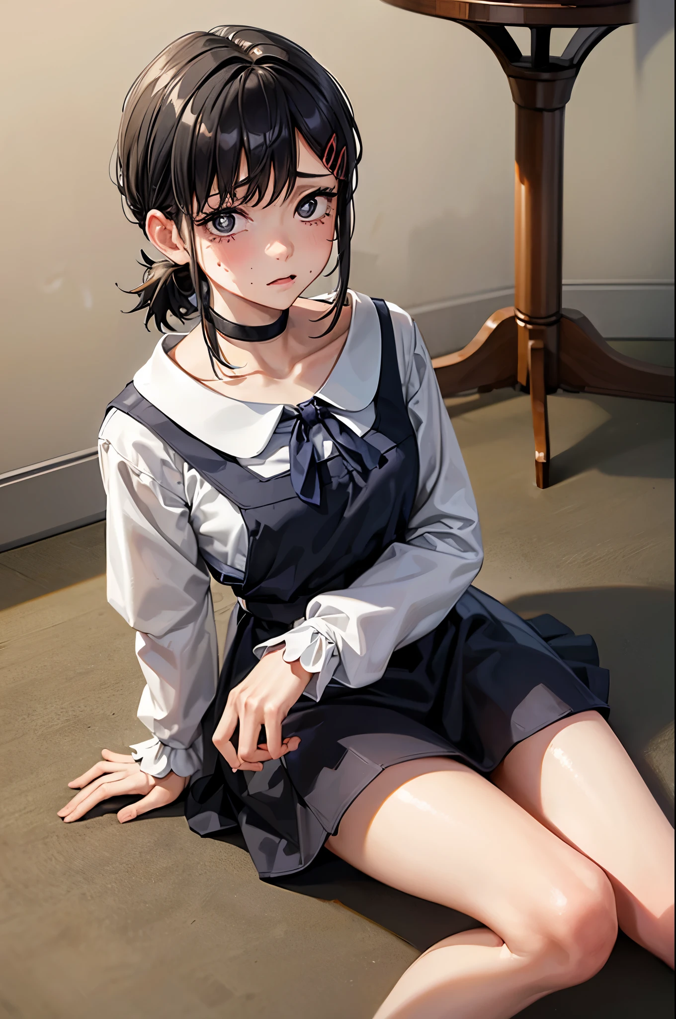 (masterpiece, best quality:1.2), expressive eyes, perfect face, highres, 1girl, solo, kobenicasual, short ponytail, hairclip, black dress, pinafore dress, white shirt, ribbon, long sleeves, choker, sitting on floor, portrait, lookig at the viewer