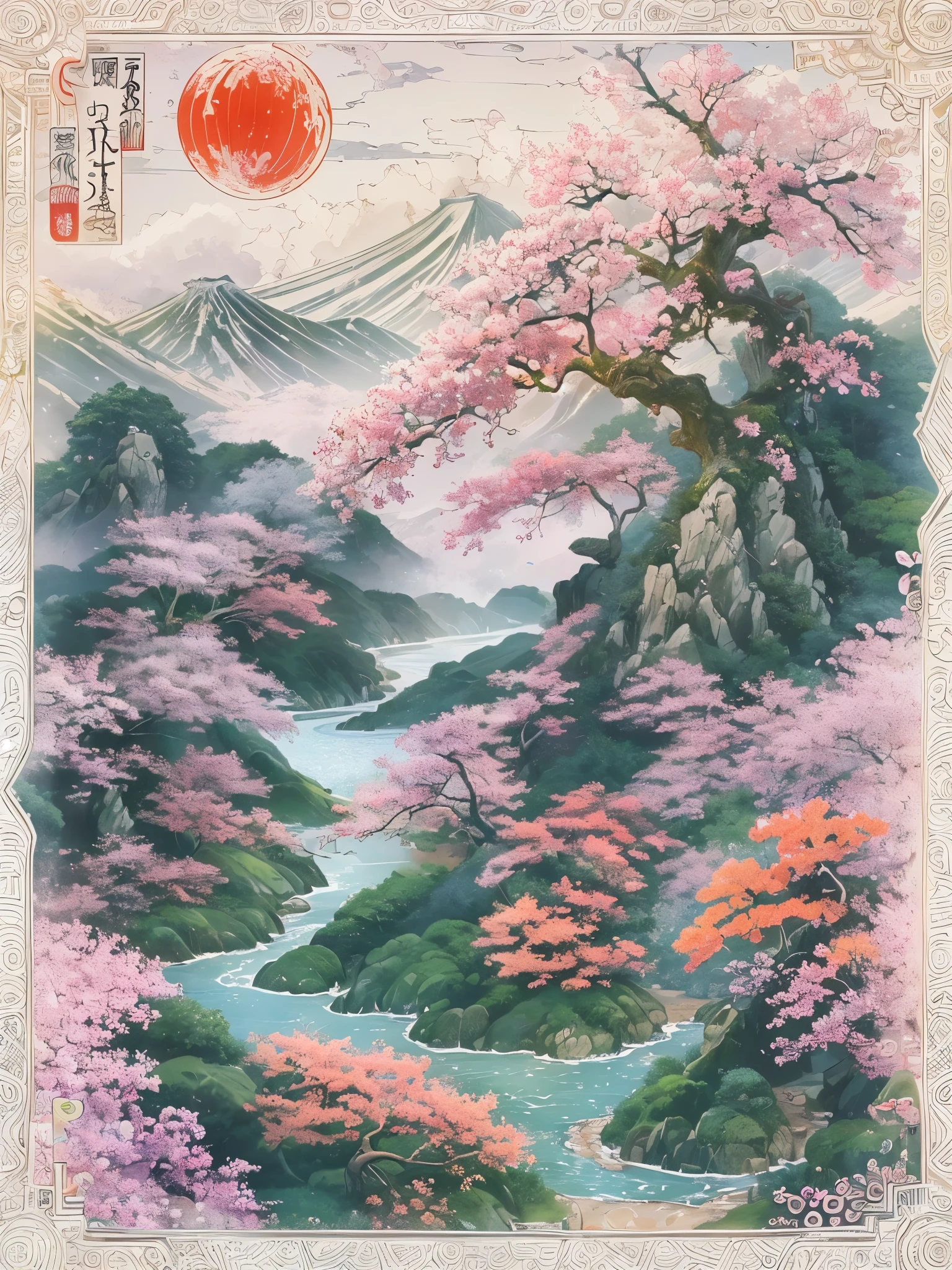 ((highest quality)),(Ultra-high resolution),(Very detailed),(Detailed Description),((The best CG)),(A masterpiece),Ultra-precise art,amazing drawing art,(Japanese art with intricate detail:1.5), Deep green mountain々,Clear Stream, Flowers, Birds, Wind and Moon,
