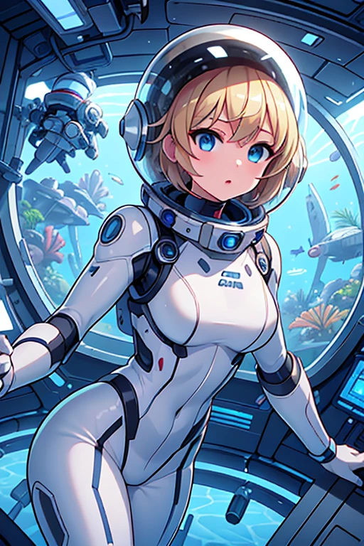 1girl, blonde_hair, solo,(space helmet):6, blue_eyes, looking_at_viewer, futuristic_diving_suit, realistic, breasts, short_hair, lips, medium_breasts, cyborg_enhancements, high_tech_armor, underwater, coral_reef, tropical_fish, sunlight_rays, futuristic_breathing_apparatus