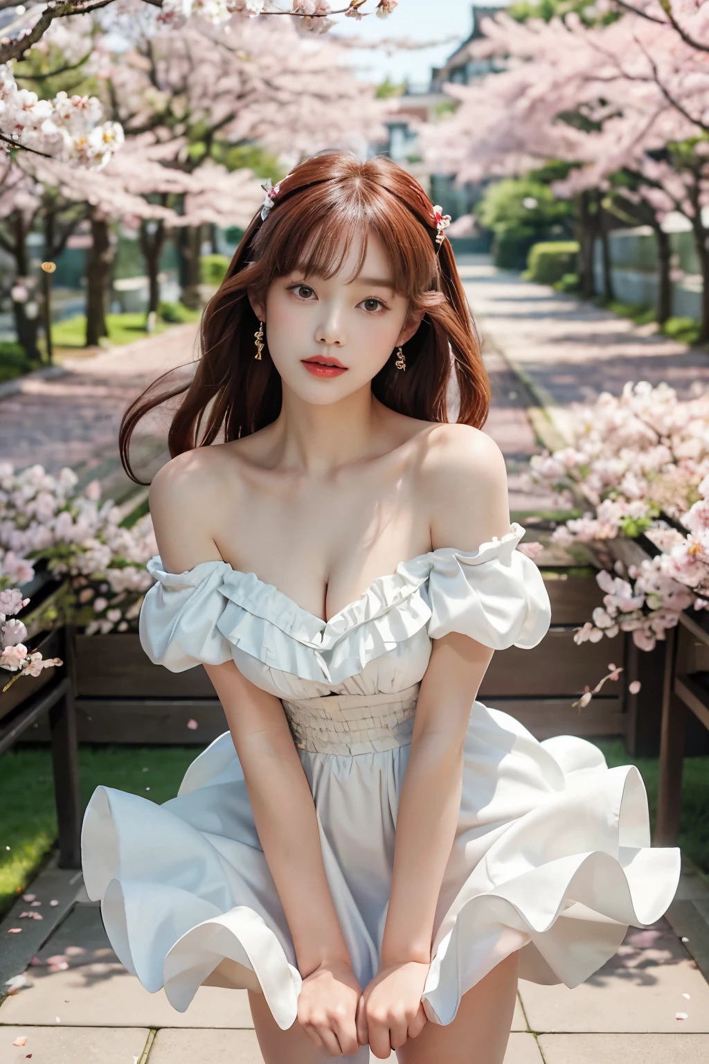 masterpiece、quality、Very detailed、Marilyn Tagg ， Pay attention to more than the thighs，Clear Face，（Best quality at best）， beautiful girl：1.5、(Fluffy red off-shoulder dress style)，Long flowing hair，Cherry tree、Cherry blossom petals in full bloom