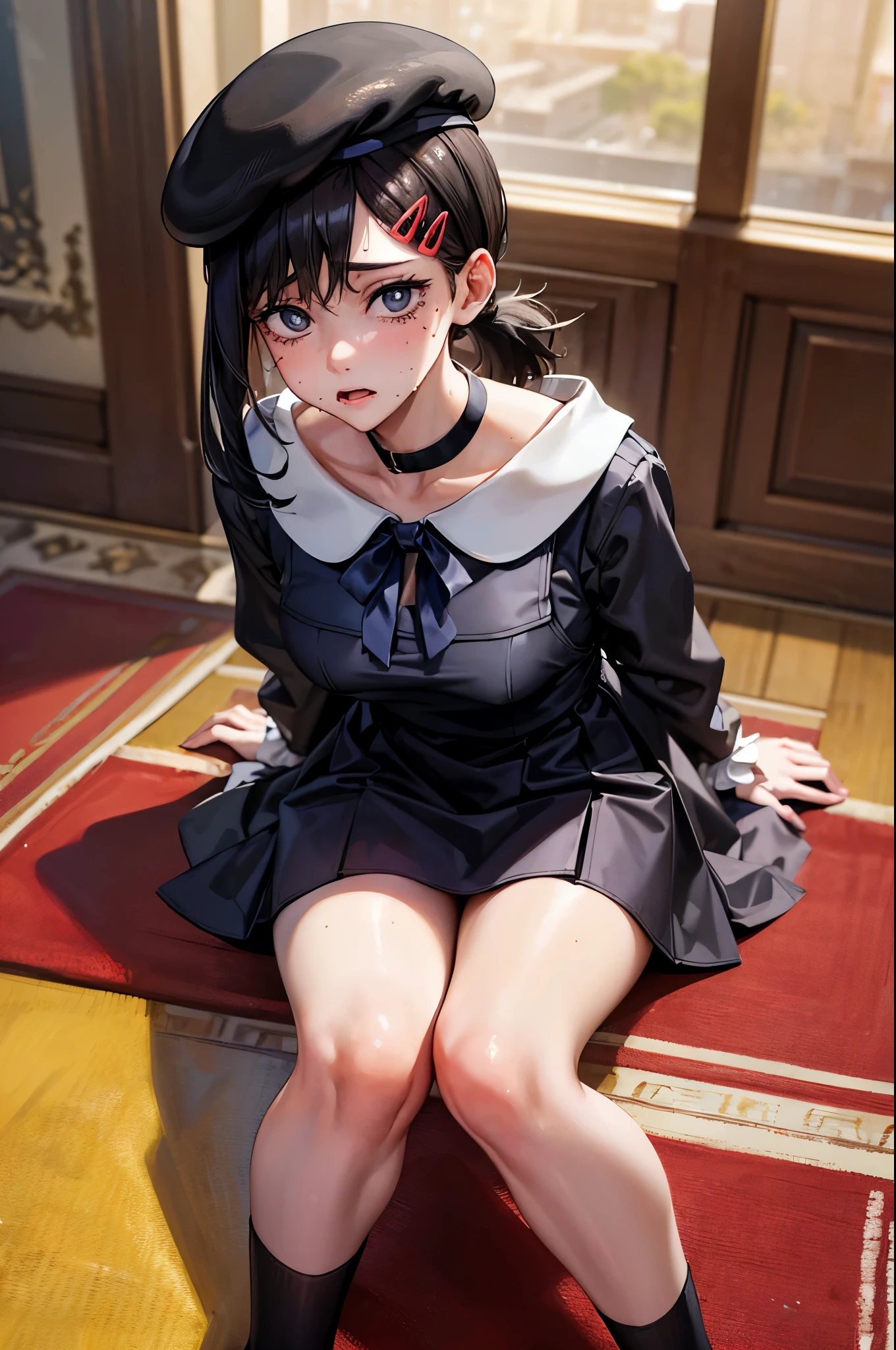 (masterpiece, best quality:1.2), expressive eyes, perfect face, highres, 1girl, solo, kobenicasual, short ponytail, hairclip, black dress, pinafore dress, white shirt, ribbon, long sleeves, beret, choker, scared face, sitting on floor, portrait, lookig at the viewer