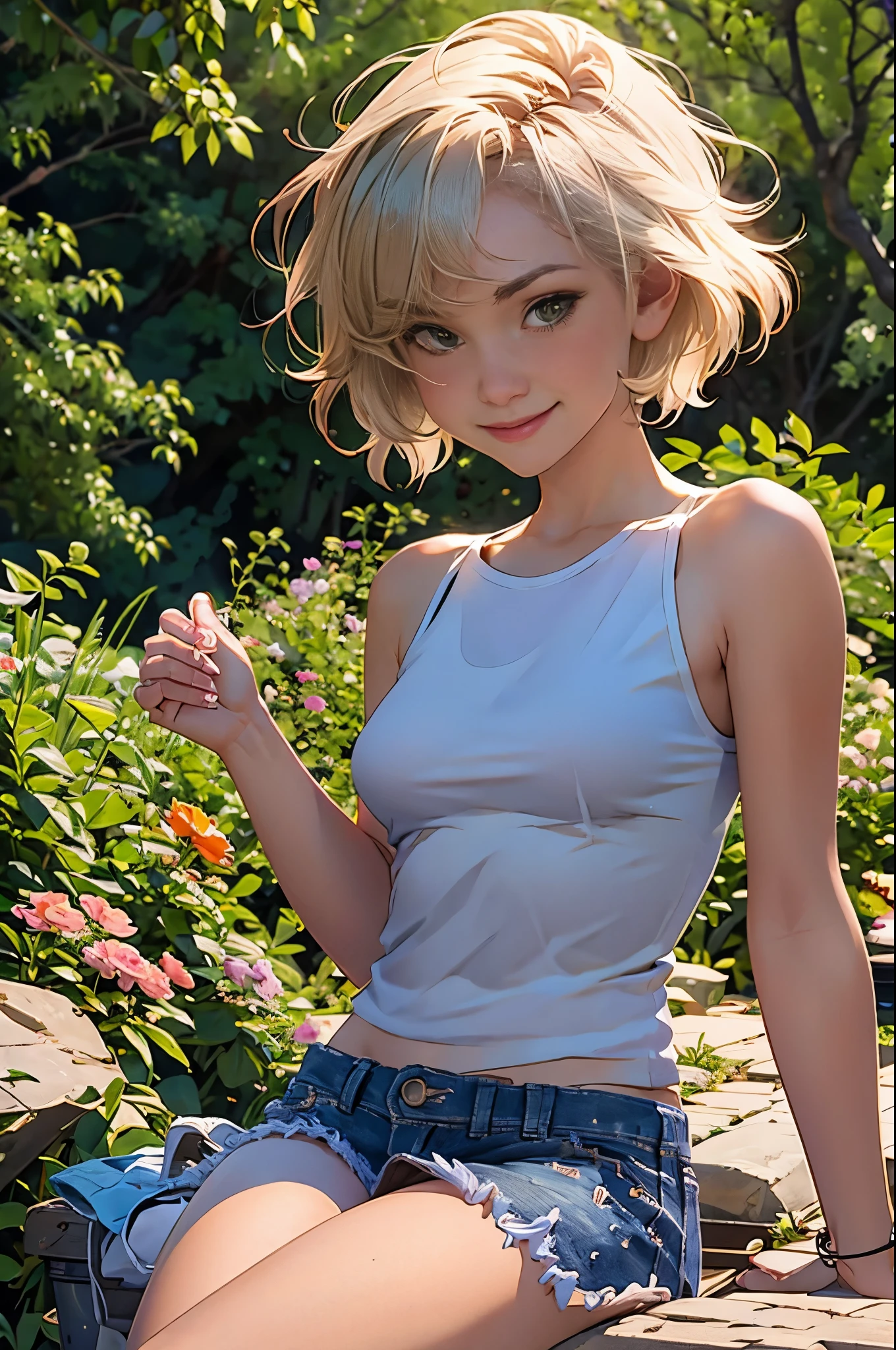 best quality, 1girl, 24 yo, pixie cut, small breasts, blush, loose tank top, sunny outdoors, smile