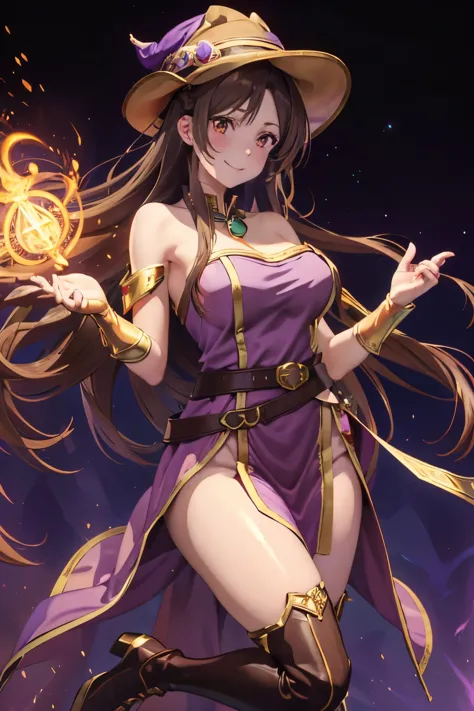 Girl, long hair, brown hair, brown eyes, smiling, Mage purple hat(with golden details), strapless dress, mage purple dress(with ...